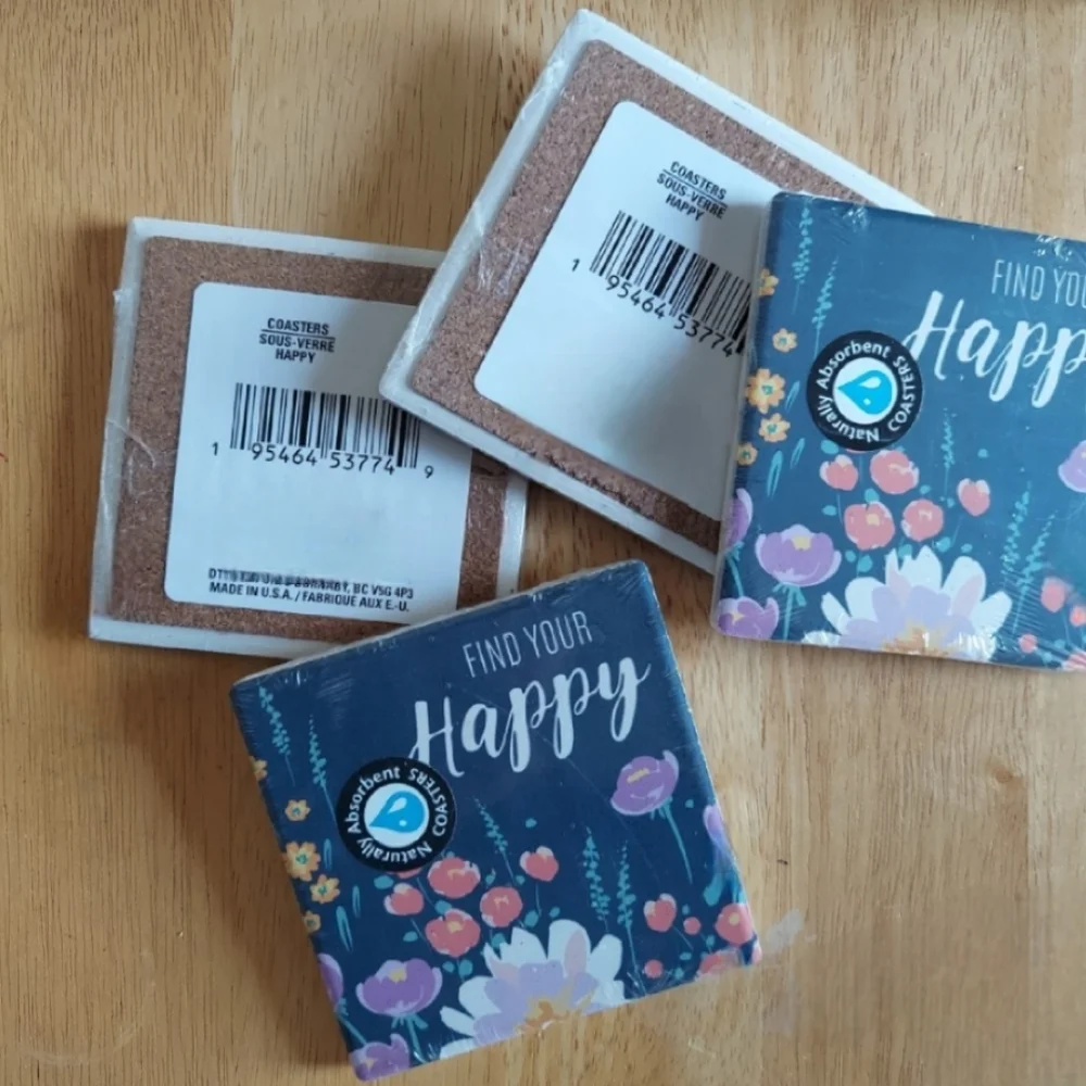 Positive Message Floral Drink Beverage 4pcs. Set Stone Coasters Home House Decor